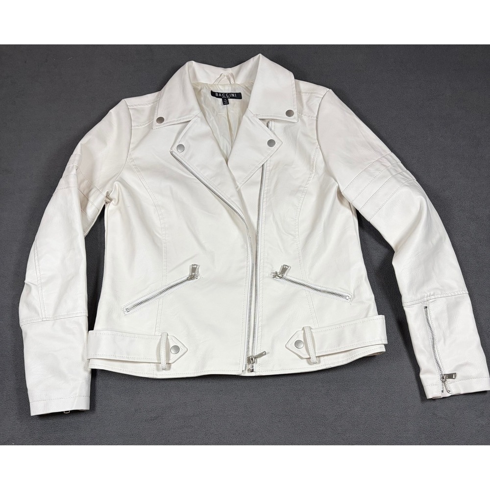 Baccini Moto Jacket Womens Size M White Faux Leather Biker Asymmetric Zip